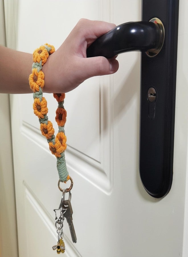 FAUDRECRO Wristlet Flower Keychain, Macrame Boho Crochet Keyring, Wrist Lanyard, Cute Bracelet with Daisy Bee Charm, Car Key Holder for Xmas Gift (yellow) - Image 2